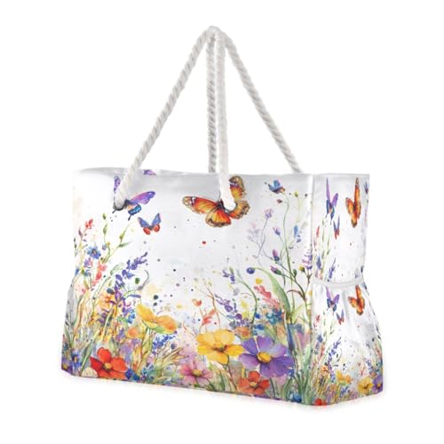 Wildflowers Butterflies Beach Bag & Travel Tote Bag Large Sandproof with Zipper Closure, Wet Pouch for Swim Gym Travel, Lightweight Foldable Outdoor Bag