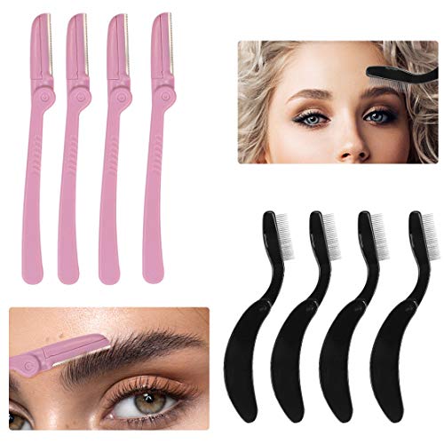 Cubaco 4 Pack Eyebrow Razor Eyebrow Shaper (pink) + 4 Packs Folding Eyelash Comb, Stainless Steel Teeth Eyebrow Comb Lash and Brow Makeup Brush for Women Ladies (black)