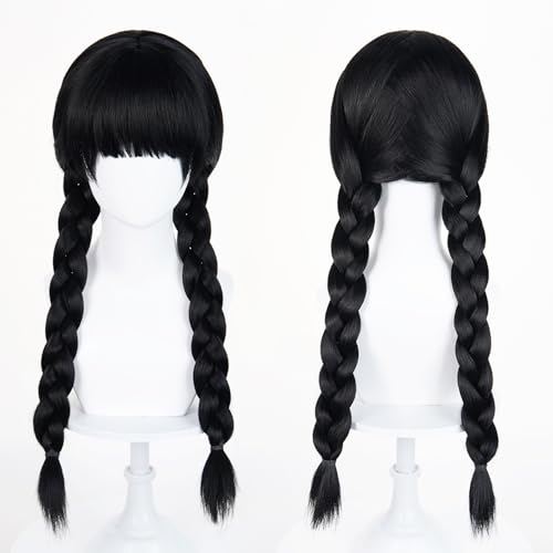 Image of Cying Lin 28 inch Long Double Braid Wigs Costume Black Wigs for Women Cosplay Party Halloween Wig Include Wig Cap (Adult-Black)