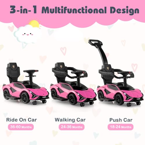 SOARS Lamborghini Rutschauto, Rutschfahrzeug mit Abnehmbarer Schiebstange, Universalrädern, Stauraum, Scheinwerfern, USB-Anschluss, Musik, Spielzeugauto für Kinder ab 1 Jahr (Rosa) – Bild 5