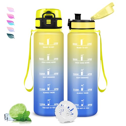 Botella de Agua 1 Litro, Botella Agua Gimnasio con Filtro, Cantimplora Infantil Motivacional, Fácil de Limpiar, Cantimplora con Marca de Tiempo, para la Escuela, Adulto, Deportes, Bicicleta, Camping