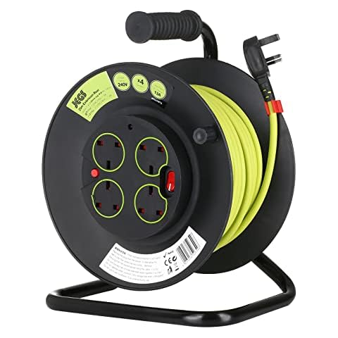 Jegs Four Socket Open Cable Reel Extension Lead with Winding Handle, Thermal Cut Out and Power Switch, 25 Metres High Visibility Green Cable Cover
