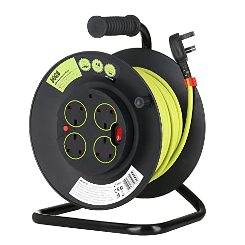 Jegs Four Socket Open Cable Reel Extension Lead with Winding Handle, Thermal Cut Out and Power Switch, 25 Metres High Visibility Green Cable