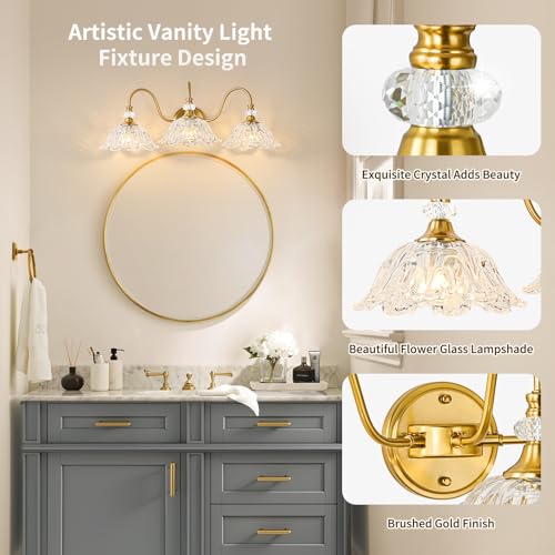 Image of Gold Bathroom Vanity Light, 3-Light Brushed Gold Finish Vanity Light with Floral Clear Glass Shades, Retro Wall Mount Lighting for Bathroom, Dressing Table
