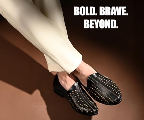 Image of LOUIS STITCH Men's Ethnic Slip On Striped Mojaris | Stylish Nagra Juti for Men | Lightweight and Comfortable Stylish Jutis and Mojaris for Kurta Pajama | LSAXNGMS