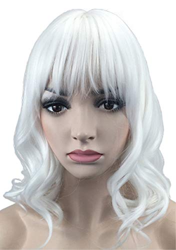 Short Curly Wavy White Wigs, Charming Rose Net Synthetic Wig with Bangs & 1 Wig Cap for Women & Girls Costume/Party/Fun/Halloween; wig029W