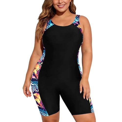 Bañador de una Pieza Mujer Talla Grande pantalón Corto, Escote Redondo, diseño Deportivo con Paneles de Estampado Tropical, Reductor para natación y Playa