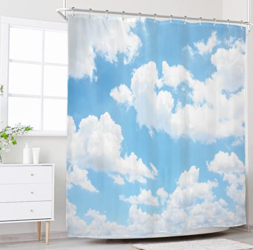 Riyidecor Blue Sky White Cloud Shower Curtain Natural Landscape Scenery Waterproof Fabric 72X72 Inch Polyester Bathroom Bathtub Decoration 12 Pack Plastic Hooks #TOP1