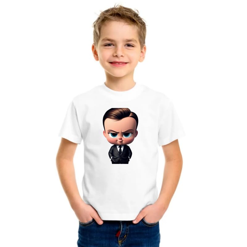 GenericKids Boys and Girls White Baby Boss Staring Graphic Print Cotton Blend Round Neck Half Sleeve Tshirt