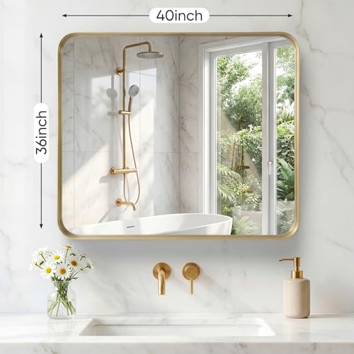 Image of Sweetcrispy Bathroom Mirror 40x36 Inch Metal Framed Rounded Rectangle Vanity Mirror for Wall, Over Sink, Farmhouse, Restroom, Anti-Rust, Modern Decorative, Horizontal or Vertical Hanging, Gold