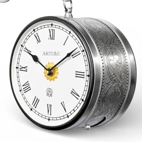 Image of Handcrafted Double Side Metal Analog Vintage Wall Clock | 1.5 Year Machine Warranty | 6 INCHES | 1 Side Number 1 Side Roman,Color Silver