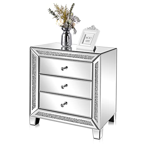 Image of VINGLI Mirrored Nightstand Glass End Table, 23 inch W Silver Night Stand for Bedroom, Mirrored Bedside Table with Storage, Glass Mirror Nightstand