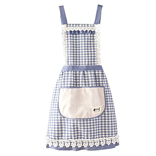 Tablier en dentelle rétro en coton Apron Tablier de cuisine en coton pour cuisinier, bleu, M