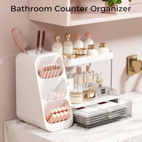 Image of UFORU Makeup Organizer for Vanity with Brush Holder, 2 Tiers Countertop Skincare, Cologne Organizer and Perfume Stand for Bathroom Vanity, Large Capacity Makeup Storage, White