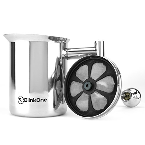 BlinkOne Milk Frother: Fine Mesh Manual Operated Hand Pump Foamer; Coffee Tea Friendly (14 Oz)