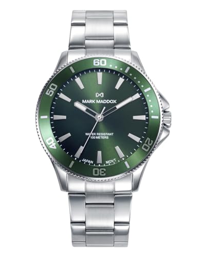 Mark Maddox HM1026-67 – Reloj Hombre Analógico Tres Agujas 43mm, Caja de Acero IP Rosa, Esfera Verde, Brazalete de Acero, WR 100m