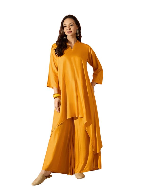 DARK GREEN MANDERIAN NECK HIGH LOW KURTA SET-image-39