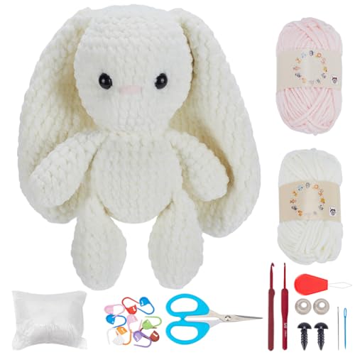 WEBEEDY DIY Bunny Crochet Kit Cute Rabbit Easter Knitting Set for Beginners Adults,Complete Animals Crochet Starter Kit with Video Instruction Yarn Stuffing Crochet Hook for Easter Home Decor Gift