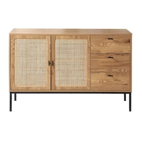Calicosy - Aparador de 2 puertas y 3 cajones - Madera y Ratán - Colección Jaya - Mueble Aparador - Almacenamiento Salón, Comedor - Estilo Industrial - L 120 x D 35 x 75 cm