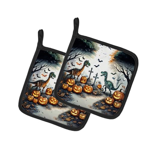 Caroline's Treasures Dinosaurs Spooky Halloween Pair of Pot Holders Kitchen Heat Resistant Pot Holders Sets Oven Hot Pads for Cooking Baking BBQ, 7 1/2 x 7 1/2