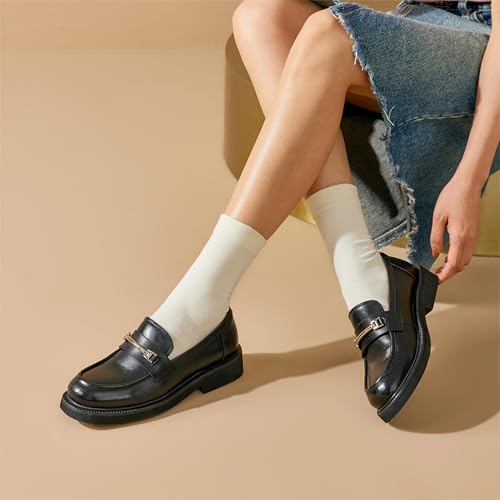 Image of BEAU TODAY Chunky Platform Loafers Women, Slip On Penny Loafers for Women Casual Shoes, Leather Comfortable Business Office Ladies Dress Shoes with Metal Buckle Black US 8