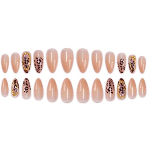 Image of Leopard Print Press on Nails Medium Almond Fake Nails Nude False Nail with Gold Line Design Glossy Full Cover Glue on Nails Artificial Acrylic Stick on Nail for Women Manicure 24Pcs