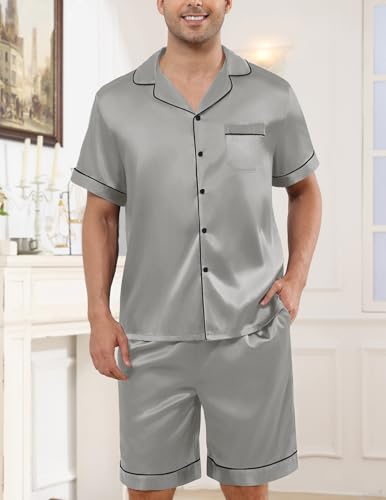 Image of Veseacky Mens Silk Satin Pajamas Set Short Sleeve Sleepwear Button-Down Pjs Sets Two-Pieces Loungewear with Pockets S-XXL