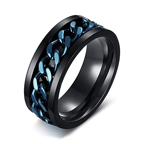 MMTTAO Men's Spinner Fidget Rings Chain Rotation Rings for Men 8MM Blue Black Gun Plated Intertwine Ring Motorcycle Biker Bicycle Chain Ring Punk Rock Bands Gifts for His Male Boys, Blue Black, Size 9