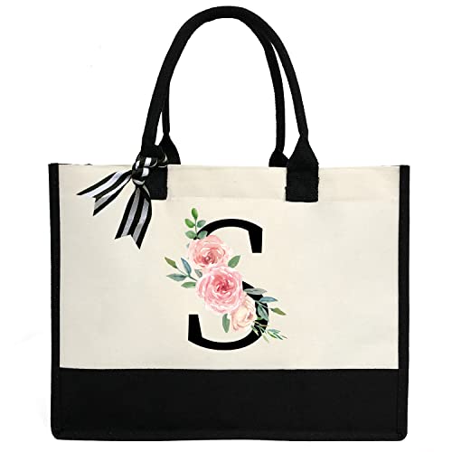 Bolsa feminina de lona com inicial personalizada, bolsa de praia com bolso interno com zíper para casamento, aniversário, praia, férias, P, Medium