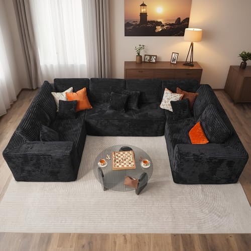 Image of HOOOWOOO Cloud Sectional Couches for Living Room,Modular Sectional Sofa No Assembly,136X70 Inch Plush Corduroy Large U Shape Floor Couch Set with Deep Seat(Black)