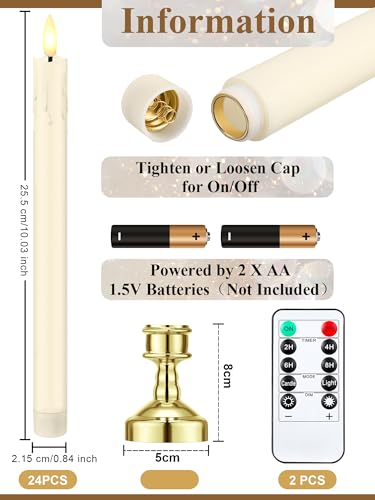 Image of VIHOSE 24 Pcs Flameless Taper Candles with Holders, Gold, Dripping Style