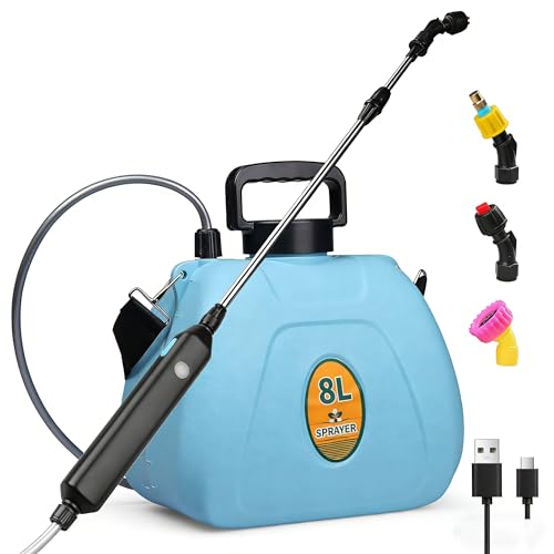 Qdreclod 8L Drucksprüher Elektrisch, Akku Gartenspritze mit Hochdruckpumpe, 1500mAh USB-Aufladbar, 3 Düsen & Teleskopstab für Garten, Rasen, Hecken, Unkrautvernichtung, Bewässerung (Blau)