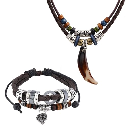 CWPFVQA Collar Vintage De 1 Pieza Y Pulsera Vintage De 1 Pieza, Collar Con Colgante, Ajustable, De Cuero, Pulsera Trenzada, Accesorios De Moda Hombre