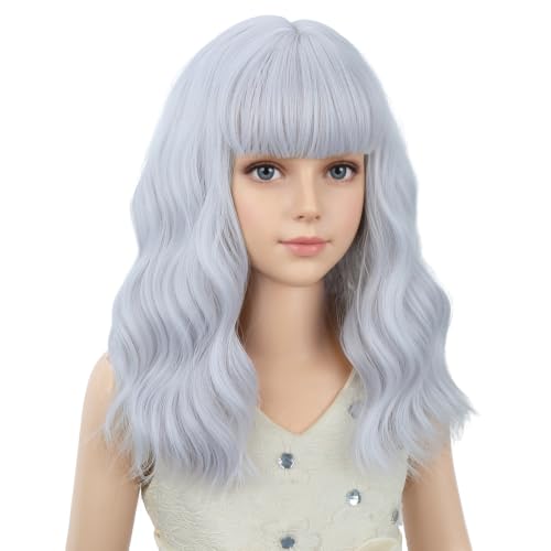 Image of PATTNIUM Silver White Wig for Kids Girls Short Curly Wavy Wigs with Bangs Shoulder Length Wavy Heat Resistant Synthetic Wig Halloween Cosplay Costume Party Wig