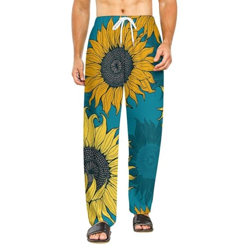 Bas de pyjama femme imprimé tournesols jaunes pantalon fluide muni de deux poches s