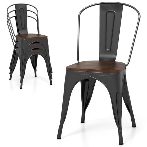 LIFEZEAL Chaise Salle à Manger en Métal et en Bois, Durables et Solides, Lot de 4 Chaises Industrielles avec Dossier Ergonomique, Tabouret de Bar avec...