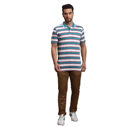 Image of Colorplus Men's Pure Cotton Stripe Pattern Classic Fit Polo Neck Half Sleeve Casual T-Shirt