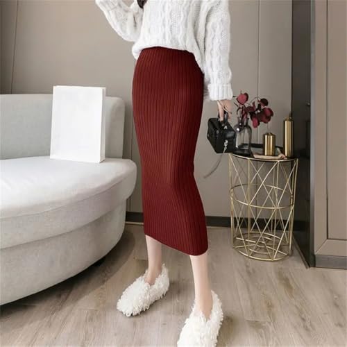 Women's Solid Elastic High Waist Split Slim Mid-Lengt A-Line Knit Bag Hip One Pace Skirt4
