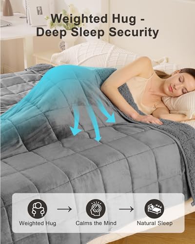 Image of Ultra-Soft Weighted Blanket for Adults(15 lbs, 48 inch x 72 inch Full Size) Plaid Sherpa Fleece Reversible Heavy Blanket with Glass Beads, Perfect for 140-190 lbs, Machine Washable, Grey