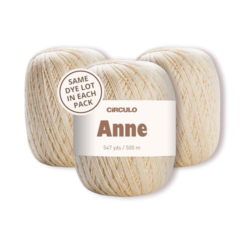 Image of CIRCULO Anne Yarn Pack, 1641 yds for Knitting & Crochet, 3 Balls of 100% Mercerized Brazilian Virgin Cotton, Soft Fingering Weight, Color 1074 Cream