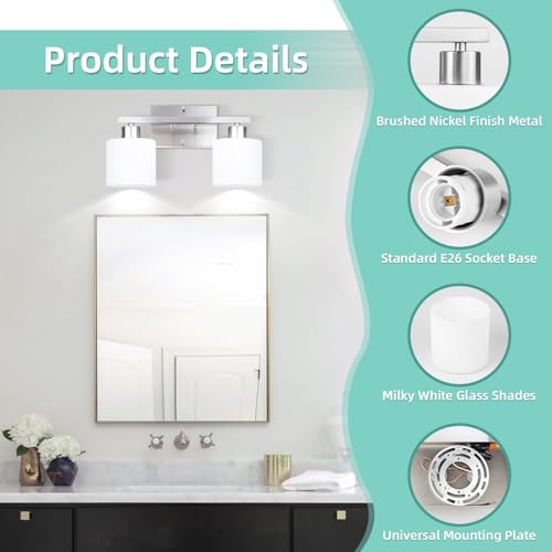 Image of SILAMPDI Bathroom Lighting Fixtures Over Mirror Brushed Nickel, Modern 2-Light Vanity Lights Fixtures, Wall Sconces Light for Bedroom, Hallway, Milky White Glass Shades, E26 Base, Bulbs Not Included