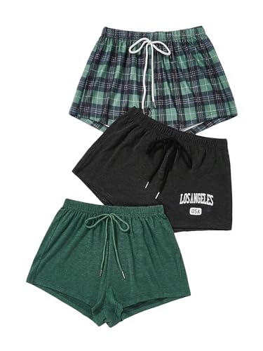 Image of WDIRARA Women's 3 Pack Plaid Letter Graphic Pajama Shorts Lounge Shorts | Elastic Waist ,Comfortable,Home Living,Sleepwear