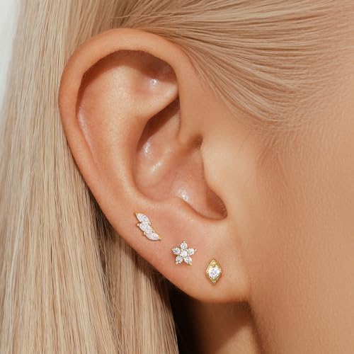 QUINBY Earrings For Women Trendy 14k Gold Plated Stud Earrings Set Hypoallergenic﻿ Cartilage Stud Earring Cubic Zirconia Sterling Silver Earring Set For Multiple Piercing2