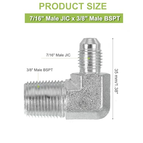 Image of PATIKIL 90 Degree Pipe Adapter, 7 /16 inch Male 37 Flare JIC x 3 /8 inch BSPT Male Connector Carbon Steel Elbow Fitting for Air Hydraulic Fluid Fuel Water Oil, Silver