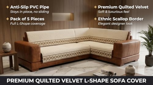 Image of KINGLY L-Shape Sofa Cover 7 Seater 4+3 Velvet Full Cover - Cream Beige | Fully covered quilted velvet slipcover, washable anti-slip furniture protector, L-type corner sofa cover for living room