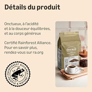 by Amazon House Blend Grains de café, 100% Arabica, Torréfaction Moyennement Poussée, 2kg, 2 lot de 1kg - Certifiés Rainforest Alliance