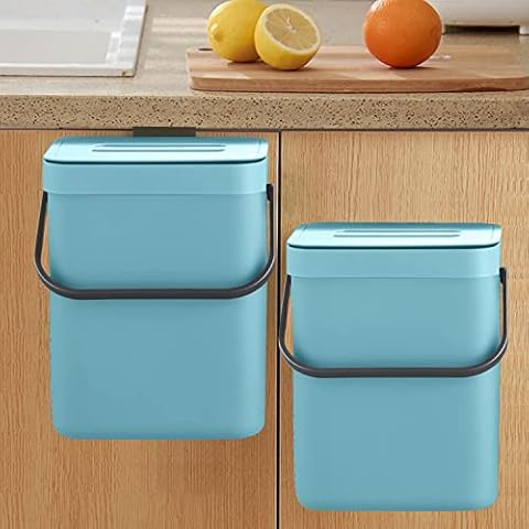 LALASTAR Small Trash Can with Lid, Compost Bin Indoor Kitchen Sealed Under Sink for Kitchen, Food Waste Bin for Countertop, Mountable Garbage Can for Bathroom, RV, 5L/1.3 Gal, Blue Cover