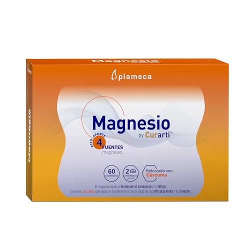 Plameca Magnesio by Curarti - Alto Aporte con 4 Fuentes de Magnesio: Bisglicinato, Citrato, Hidróxido y Óxido - Liberación Prolongada - Reforzado con Cúrcuma y Vitamina B6-60 Comprimidos