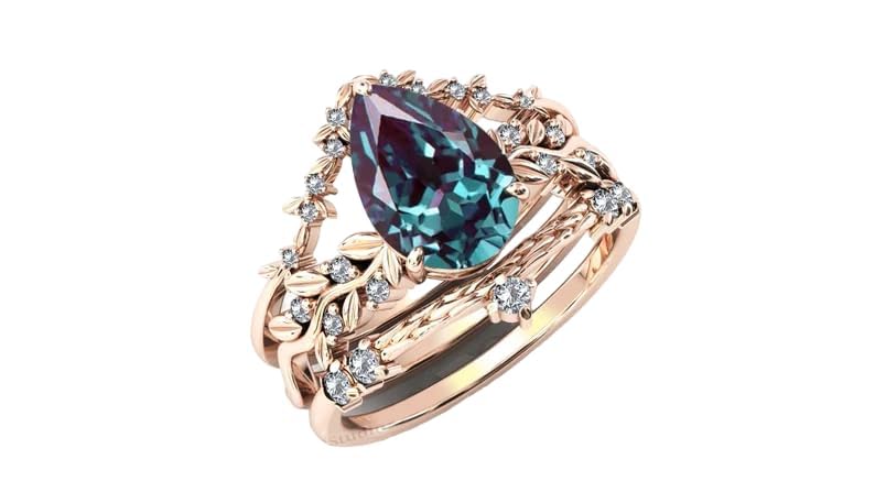Vine Leaf Design Alexandrite Engagement Ring Set Pear Shaped Alexandrite Bridal Ring Set 925 Sterling Silver Alexandrite Wedding Ring Set (QS-AL-53)2