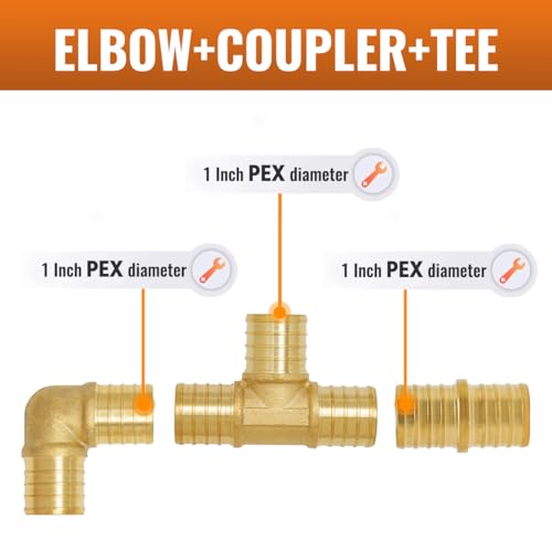Image of SUNGATOR 30-Pack 1 Inch PEX Fittings Kit, 10 Each Elbow Tee Coupling | Brass Crimp Pipe Fitting for PEX Tubing